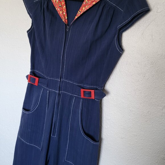 Vintage Navy Jumpsuit with Red Accents & Hood - Picture 7 of 15